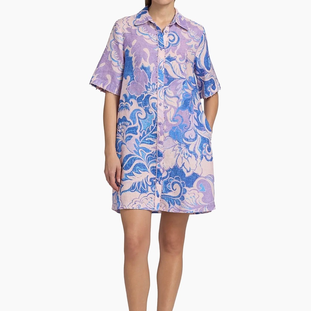 John Was Button-Front Linen Shirt Dress in Lavender and Blue. XXL. NWT.